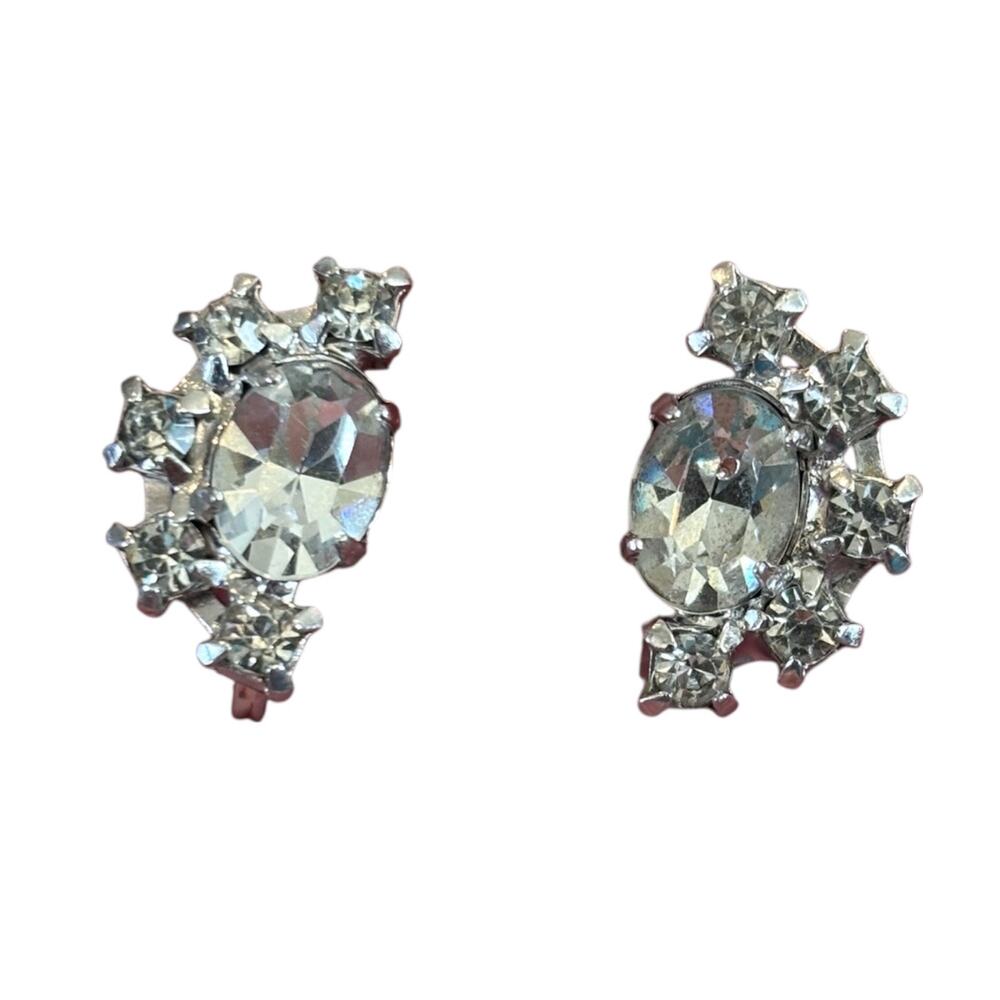 Vintage Clear Rhinestone Earrings Cluster Screw Back Silver Tone 1950s Classic